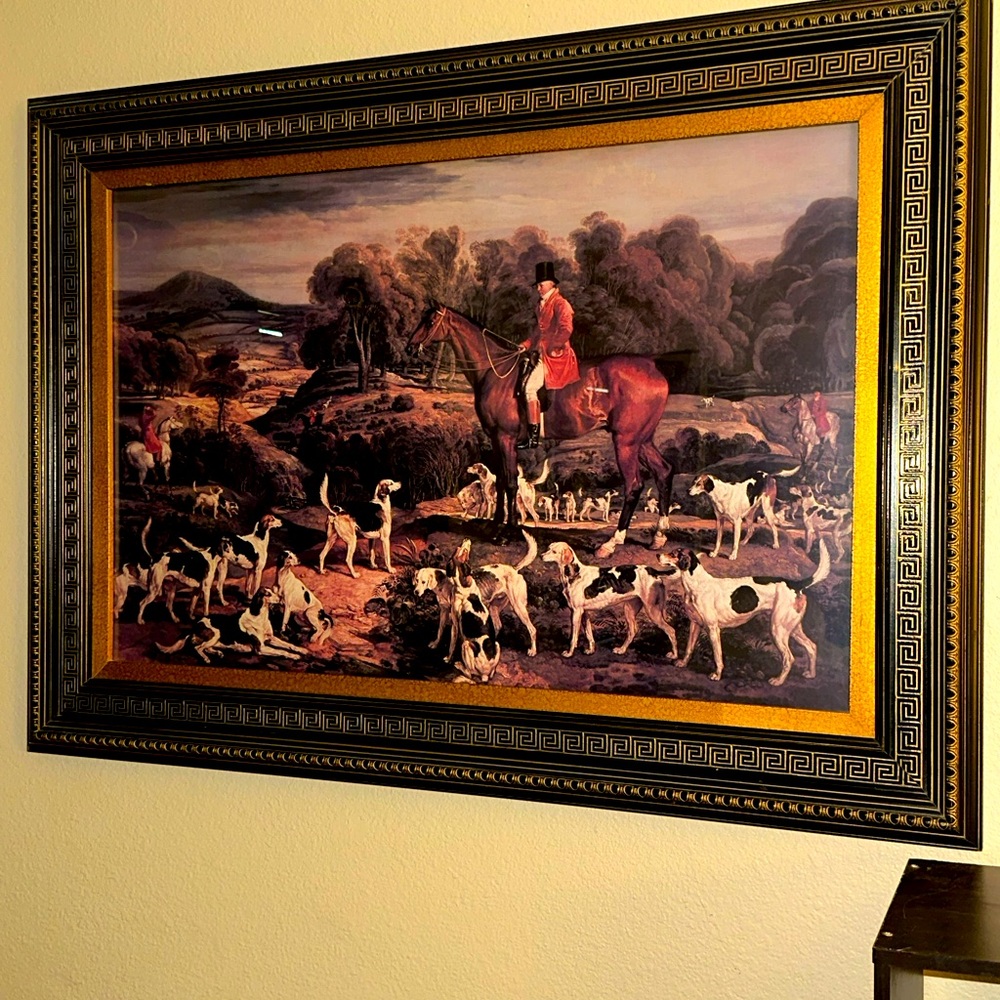 Fox Hunt Painting in late 1700,s great frame and matting of print 45"/23"